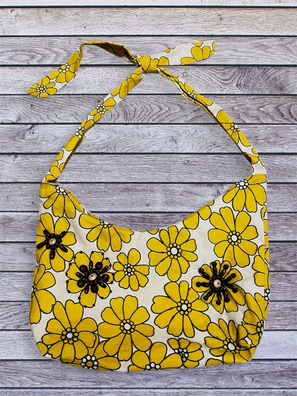 Retro Yellow Floral Tie-Handle Women’s Shoulder Bag with beadwork